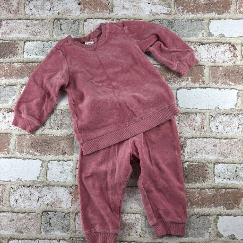 Infant 9 Months 2 Piece Velour Track Suit H&M Babygirl Pink Pullover Bow
